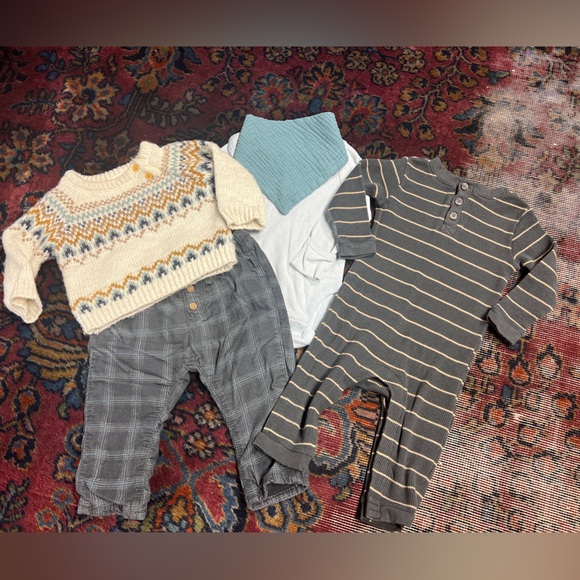 Baby boy lot fair isle sweater, corduroys, striped one piece fleece bear hat - Picture 3 of 16